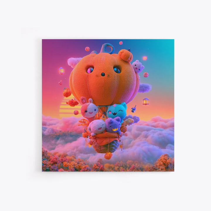 The Pumpkin Hot-Air Balloon, Cute Spooky Neon Art, Square Wall Art, Canvas Print, Retro Halloween Decor, Neon Wall Art, Dark Fantasy Art