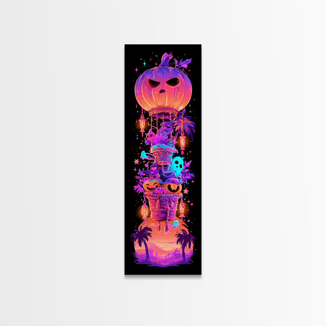 The Pumpkin Hot-Air Balloon, Synthwave Halloween Art, Tall Narrow Wall Art, Framed Canvas Print, Retro Halloween Decor, Neon Wall Art