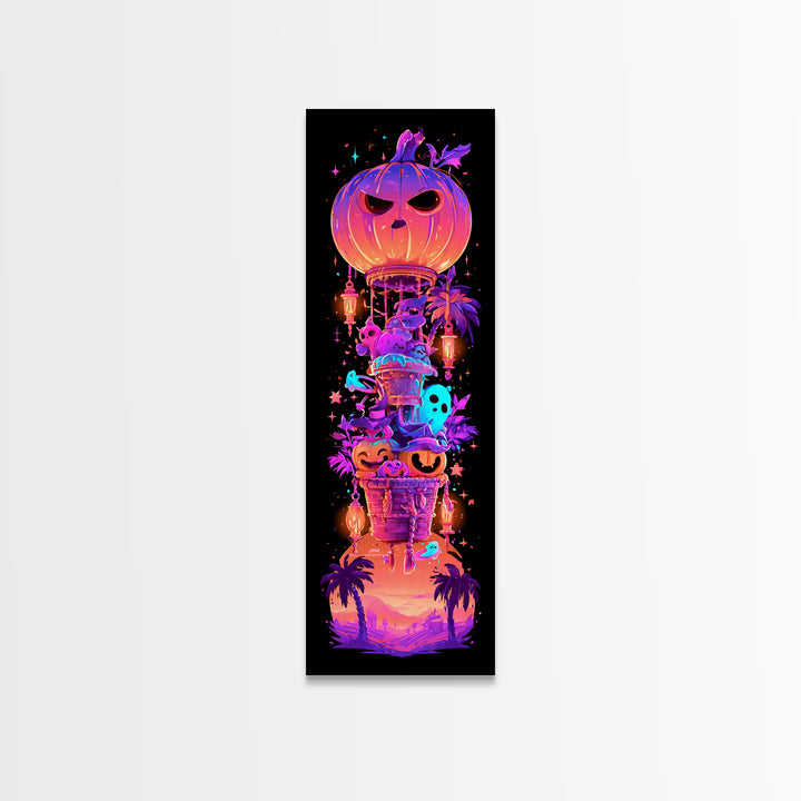 The Pumpkin Hot-Air Balloon, Synthwave Halloween Art, Tall Narrow Wall Art, Framed Canvas Print, Retro Halloween Decor, Neon Wall Art