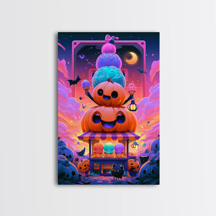 The Pumpkin Ice-Cream Stand, Synthwave Halloween Art, Vertical Wall Art, Canvas Print, Retro Halloween Decor, Neon Wall Art