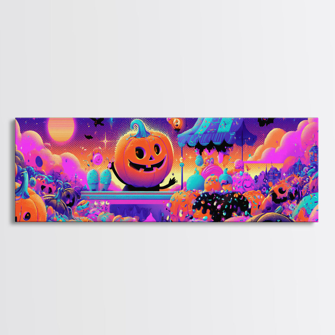 The Pumpkin Ice-Cream Stand, Retro Neon Halloween Art, Extra Wide Wall Art, Canvas Print, Retro Halloween Decor, Neon Wall Art