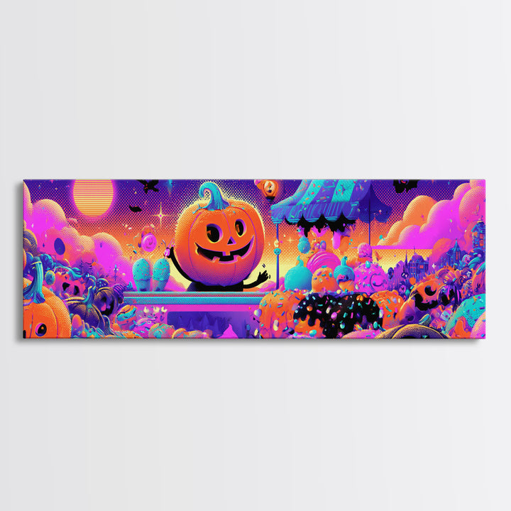 The Pumpkin Ice-Cream Stand, Retro Neon Halloween Art, Extra Wide Wall Art, Canvas Print, Retro Halloween Decor, Neon Wall Art