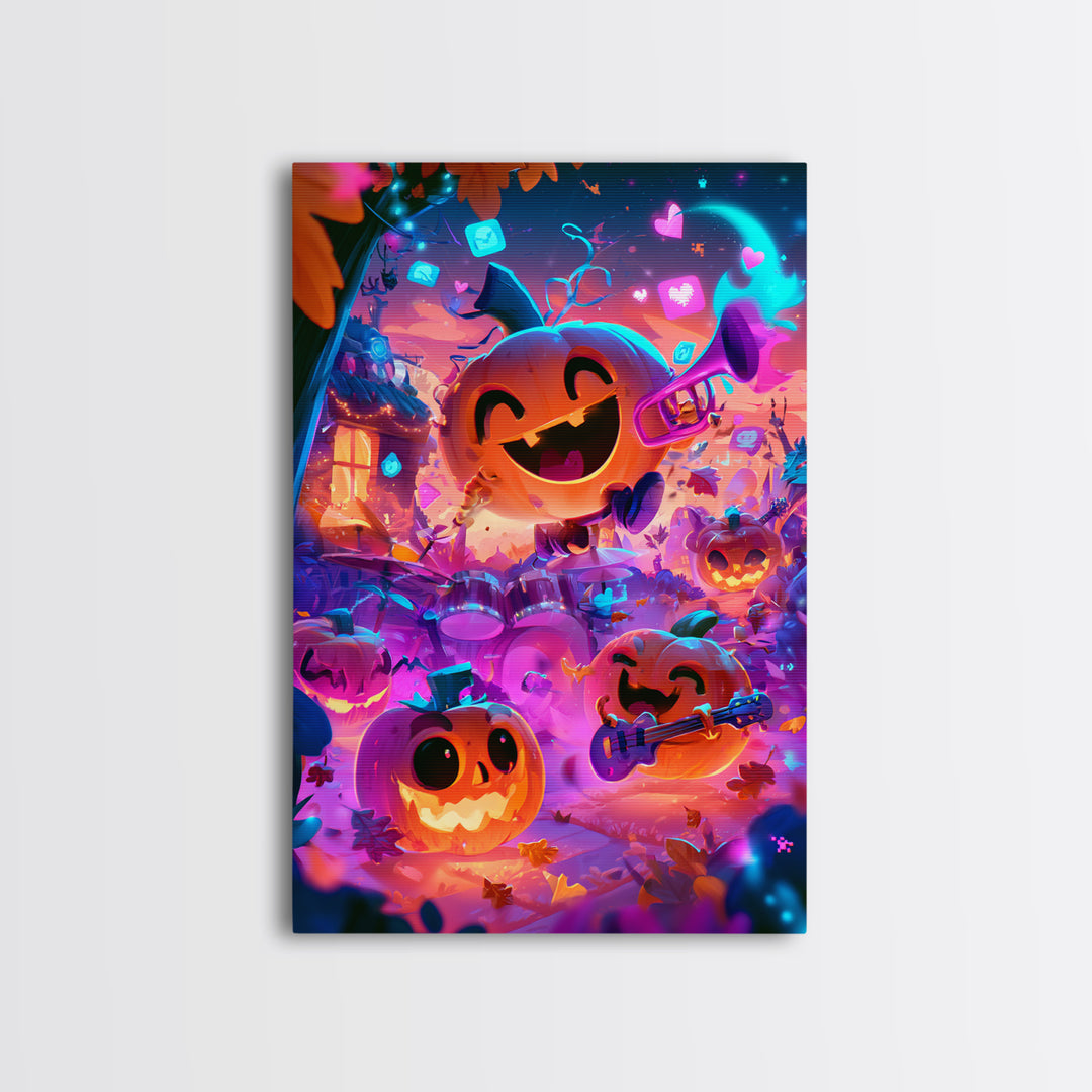 The Pumpkin Music Band, Cute Spooky Neon Art, Vertical Wall Art, Canvas Print, Retro Halloween Decor, Neon Wall Art, Halloween Wall Art