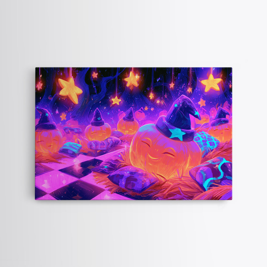 The Pumpkin Pajama Party, 80s Halloween Wall Art, Landscape Wall Art, Framed Canvas Print, Retro Halloween Decor, Neon Wall Art
