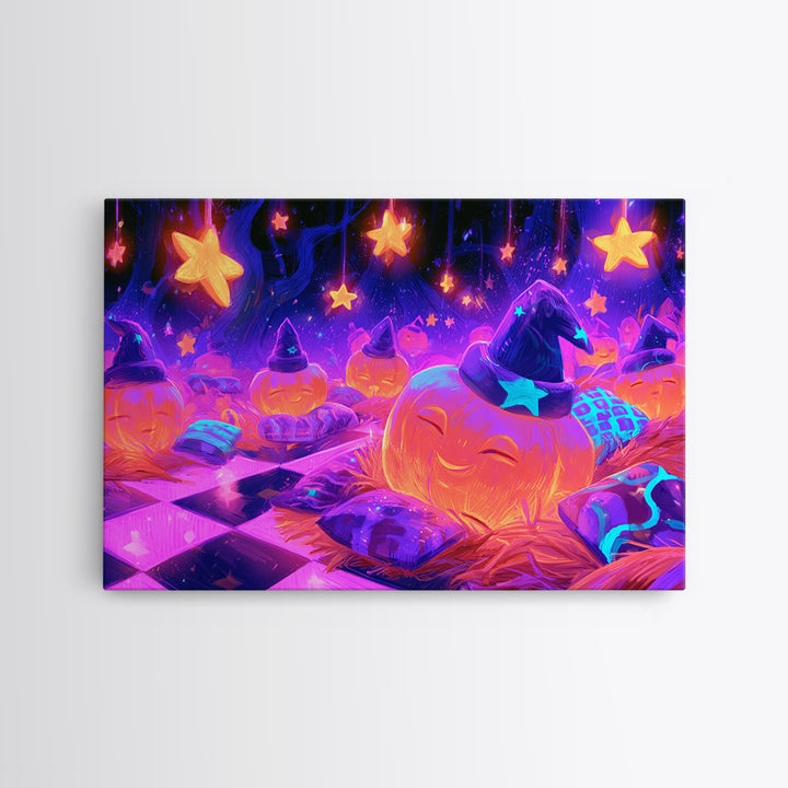 The Pumpkin Pajama Party, 80s Halloween Wall Art, Landscape Wall Art, Framed Canvas Print, Retro Halloween Decor, Neon Wall Art