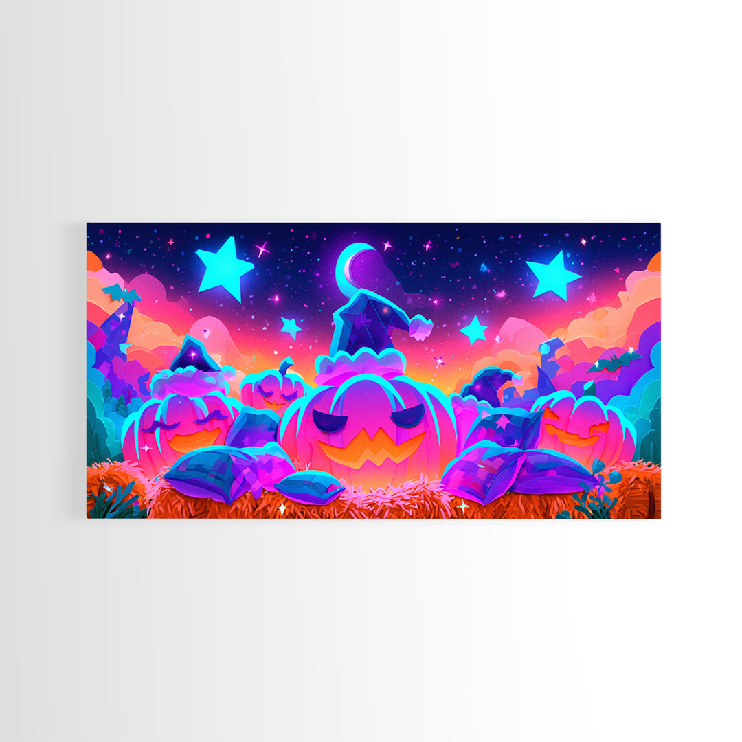 The Pumpkin Pajama Party, Synthwave Halloween Art, Wide Panoramic Art, Framed Canvas Print, Retro Halloween Decor, Neon Wall Art