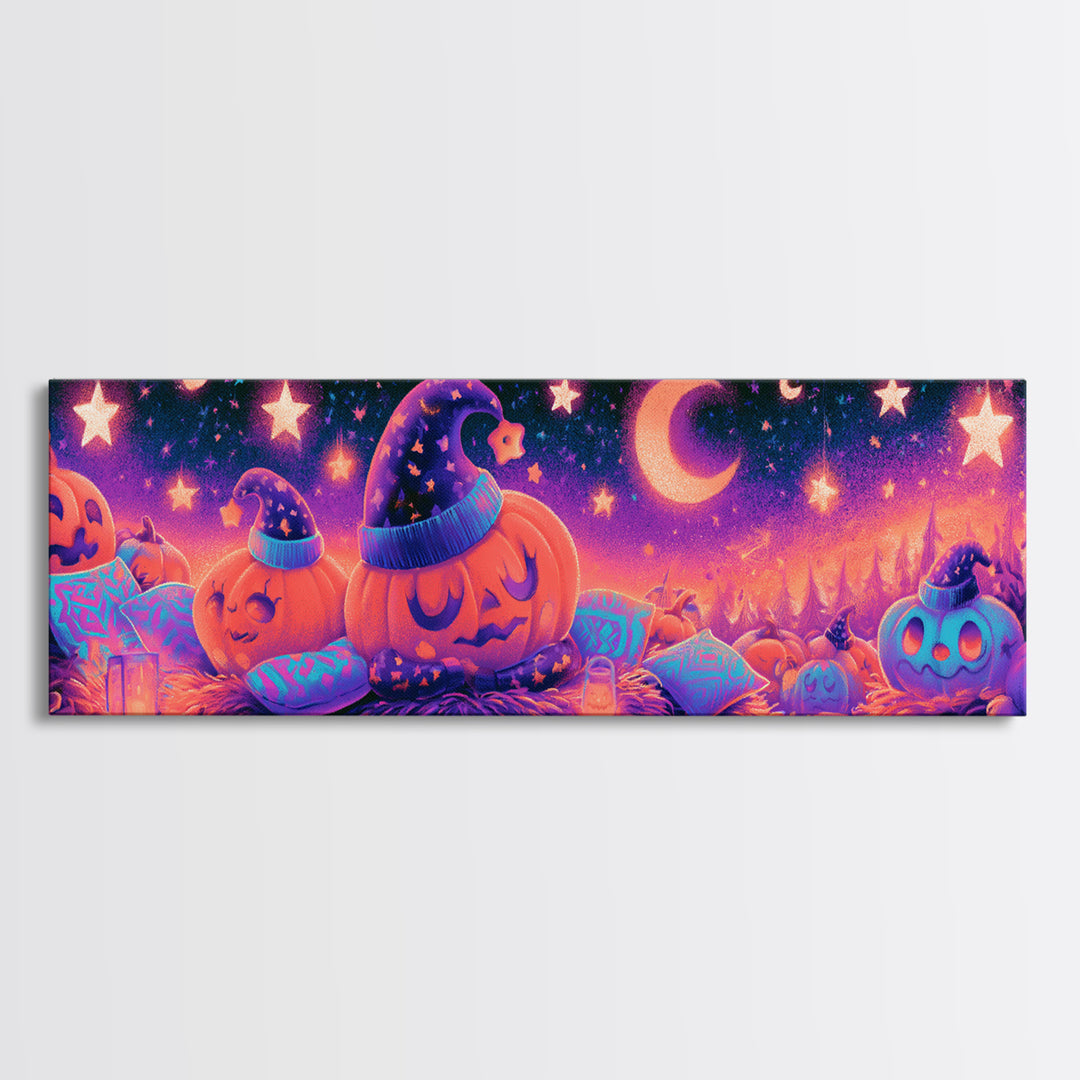 The Pumpkin Pajama Party, Synthwave Halloween Art, Extra Wide Wall Art, Framed Canvas Print, Retro Halloween Decor, Neon Wall Art