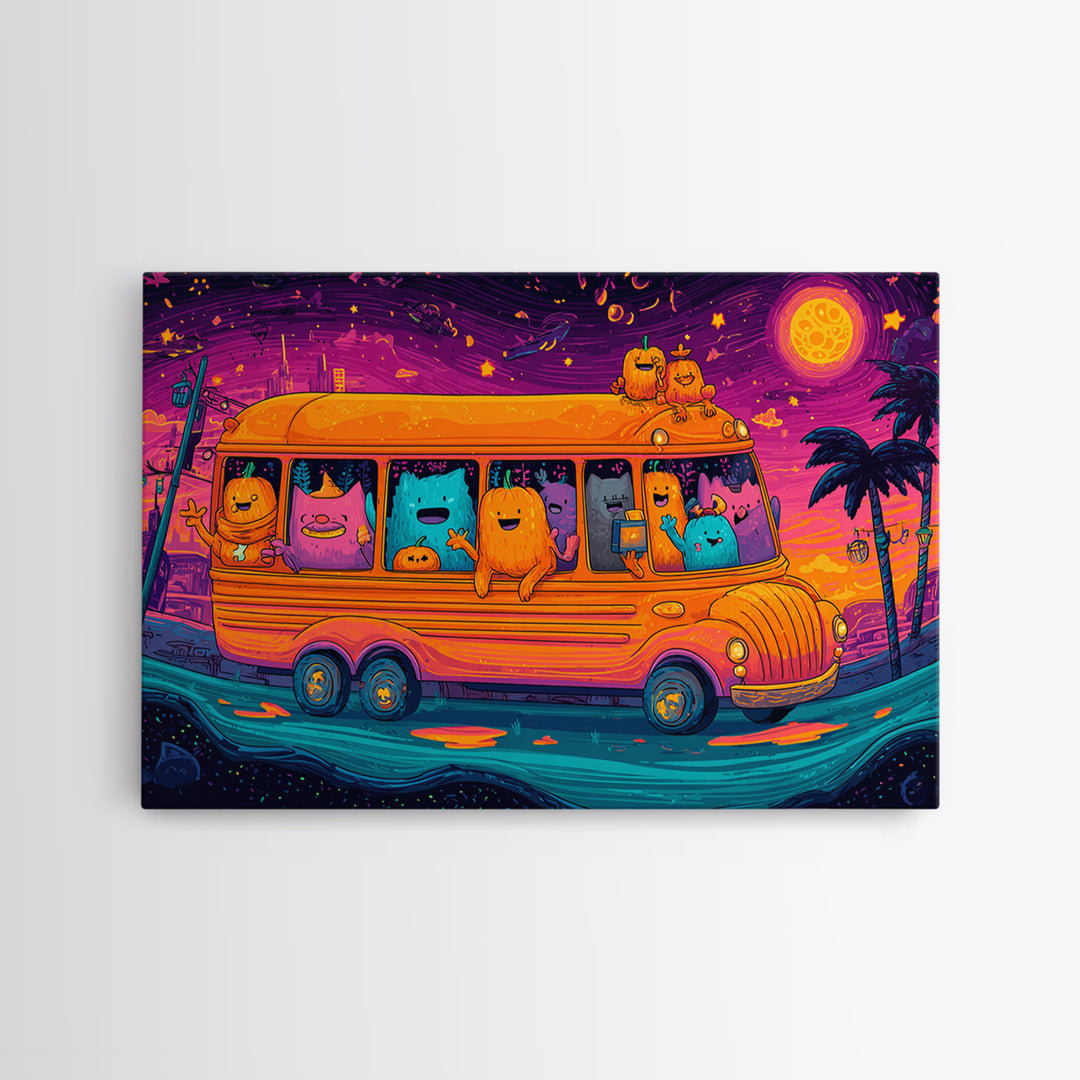 The Pumpkin School Bus, 80s Halloween Wall Art, Landscape Wall Art, Framed Canvas Print, Retro Halloween Decor, Neon Wall Art