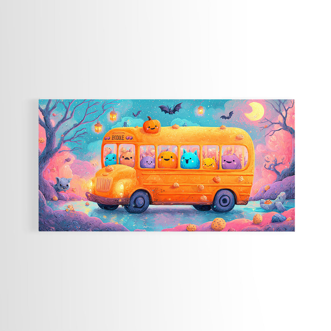 The Pumpkin School Bus, 80s Halloween Wall Art, Wide Panoramic Art, Canvas Print, Retro Halloween Decor, Neon Wall Art, Statement Wall Art