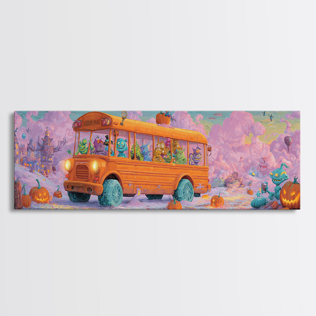 The Pumpkin School Bus, 80s Halloween Wall Art, Extra Wide Wall Art, Framed Canvas Print, Retro Halloween Decor, Neon Wall Art