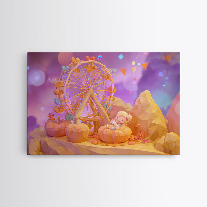 The Pumpkin Ferris Wheel, 80s Halloween Wall Art, Landscape Wall Art, Canvas Print, Retro Halloween Decor, Neon Wall Art, Dark Fantasy Art