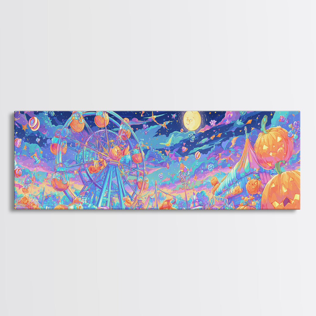 The Pumpkin Ferris Wheel, Retro Neon Halloween Art, Extra Wide Wall Art, Framed Canvas Print, Retro Halloween Decor, Neon Wall Art