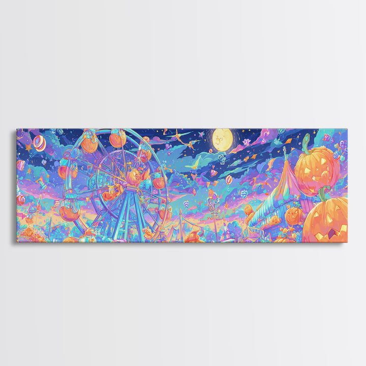 The Pumpkin Ferris Wheel, Retro Neon Halloween Art, Extra Wide Wall Art, Framed Canvas Print, Retro Halloween Decor, Neon Wall Art