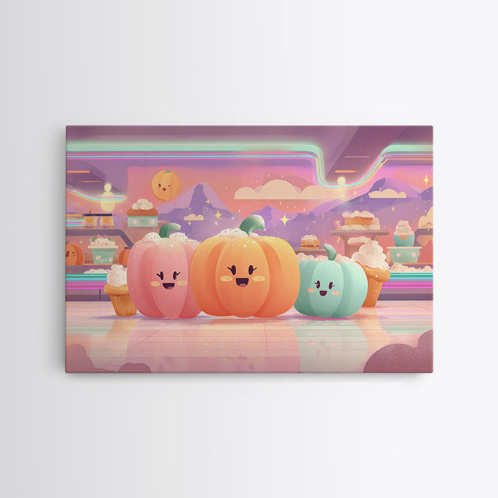 The Pumpkin Bakery, Vaporwave Halloween Decor, Landscape Wall Art, Framed Canvas Print, Retro Halloween Decor, Neon Wall Art