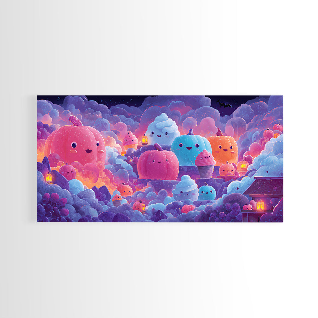 The Pumpkin Bakery, 80s Halloween Wall Art, Wide Panoramic Art, Canvas Print, Retro Halloween Decor, Neon Wall Art, Collectible Wall Decor