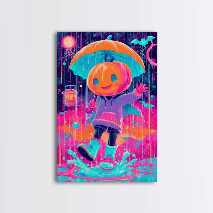 The Pumpkin Umbrella, Cute Spooky Neon Art, Vertical Wall Art, Canvas Print, Retro Halloween Decor, Neon Wall Art, Spooky Wall Decor