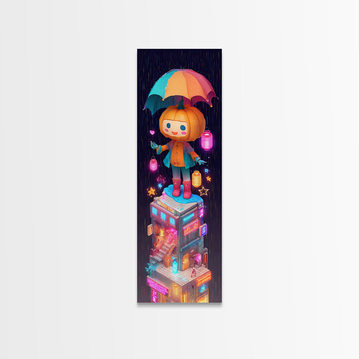 The Pumpkin Umbrella, Vaporwave Halloween Decor, Tall Narrow Wall Art, Framed Canvas Print, Retro Halloween Decor, Neon Wall Art