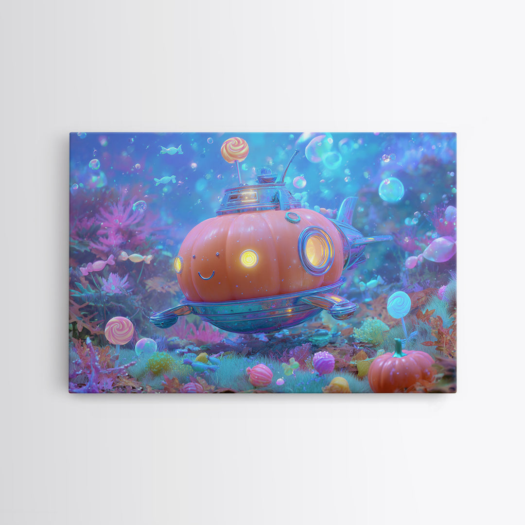 The Pumpkin Submarine, Synthwave Halloween Art, Landscape Wall Art, Canvas Print, Retro Halloween Decor, Neon Wall Art