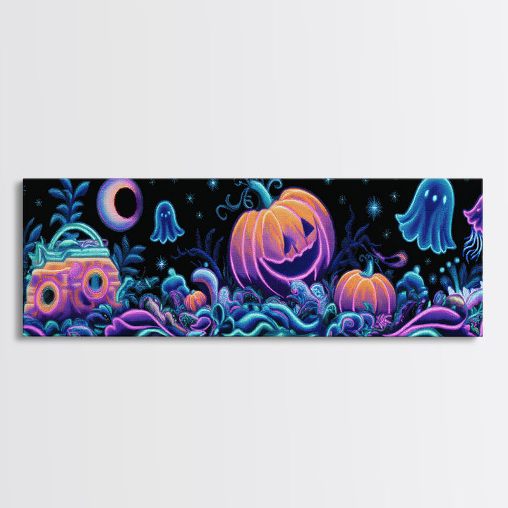 The Pumpkin Submarine, Cute Spooky Neon Art, Extra Wide Wall Art, Canvas Print, Retro Halloween Decor, Neon Wall Art, Collectible Wall Decor
