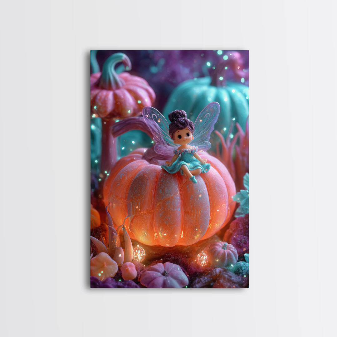 The Pumpkin Fairy Garden, 80s Halloween Wall Art, Vertical Wall Art, Canvas Print, Retro Halloween Decor, Neon Wall Art