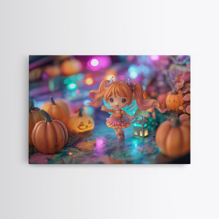 The Pumpkin Fairy Garden, Retro Neon Halloween Art, Landscape Wall Art, Canvas Print, Retro Halloween Decor, Neon Wall Art