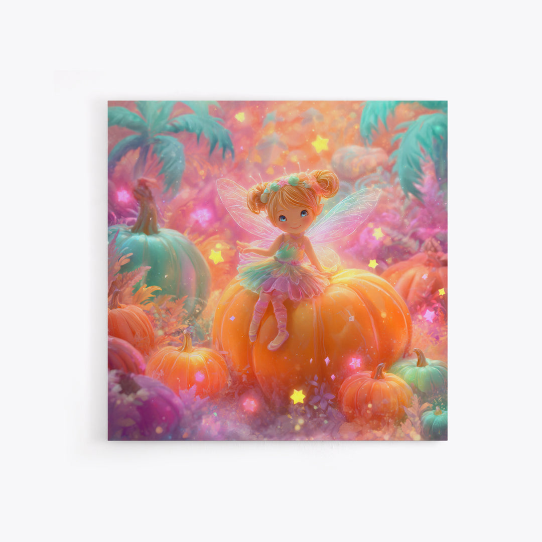 The Pumpkin Fairy Garden, Cute Spooky Neon Art, Square Wall Art, Framed Canvas Print, Retro Halloween Decor, Neon Wall Art