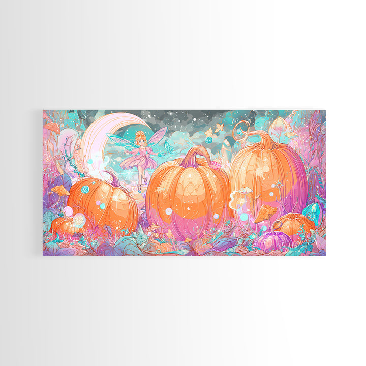 The Pumpkin Fairy Garden, Vaporwave Halloween Decor, Wide Panoramic Art, Canvas Print, Retro Halloween Decor, Neon Wall Art
