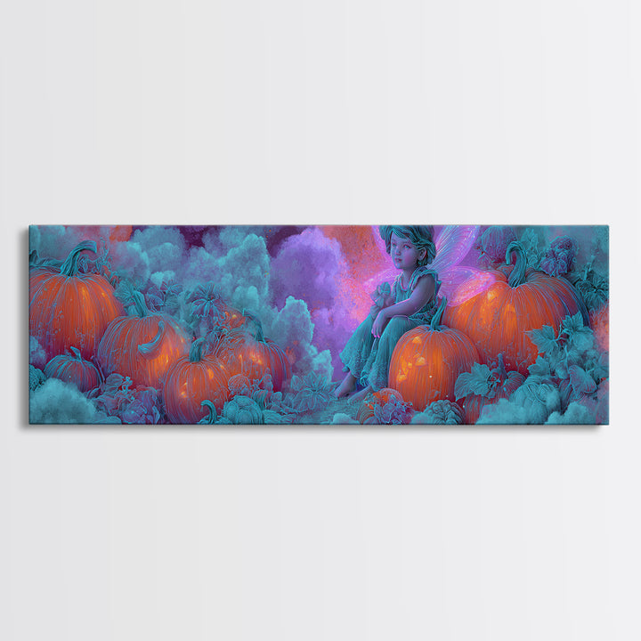 The Pumpkin Fairy Garden, Synthwave Halloween Art, Extra Wide Wall Art, Canvas Print, Retro Halloween Decor, Neon Wall Art, Horror Wall Art