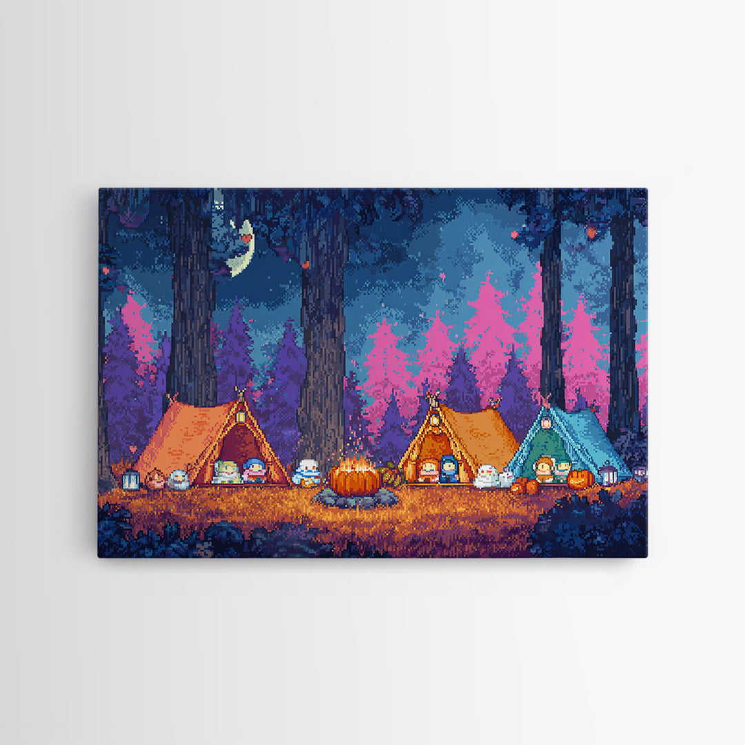 The Pumpkin Campout, Synthwave Halloween Art, Landscape Wall Art, Framed Canvas Print, Retro Halloween Decor, Neon Wall Art