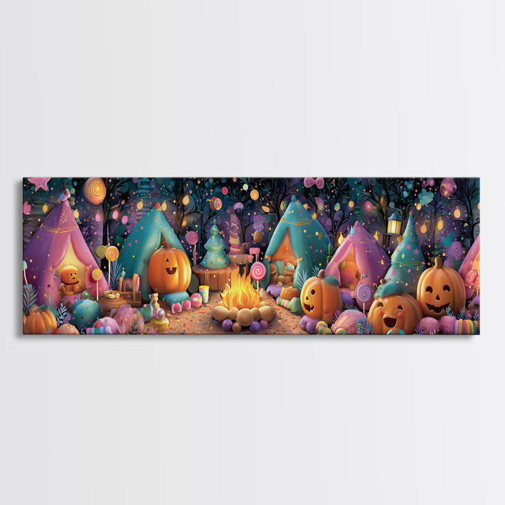 The Pumpkin Campout, Vaporwave Halloween Decor, Extra Wide Wall Art, Canvas Print, Retro Halloween Decor, Neon Wall Art, Statement Wall Art