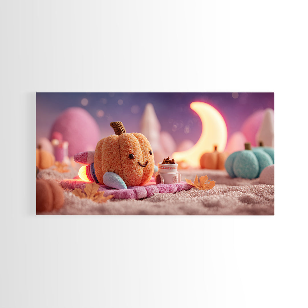 The Pumpkin Rocket Ship, Synthwave Halloween Art, Wide Panoramic Art, Framed Canvas Print, Retro Halloween Decor, Neon Wall Art