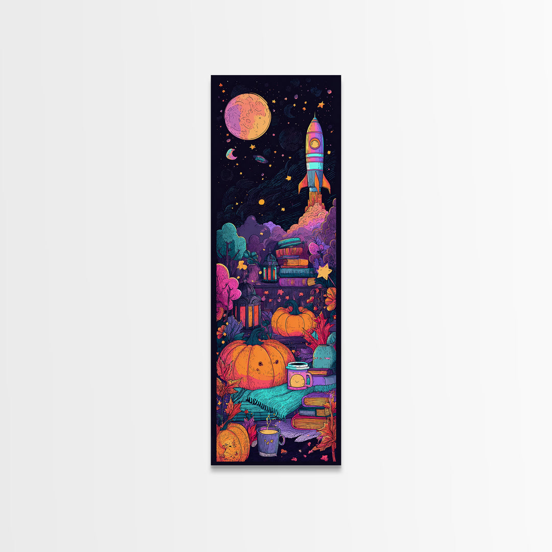 The Pumpkin Rocket Ship, 80s Halloween Wall Art, Tall Narrow Wall Art, Framed Canvas Print, Retro Halloween Decor, Neon Wall Art