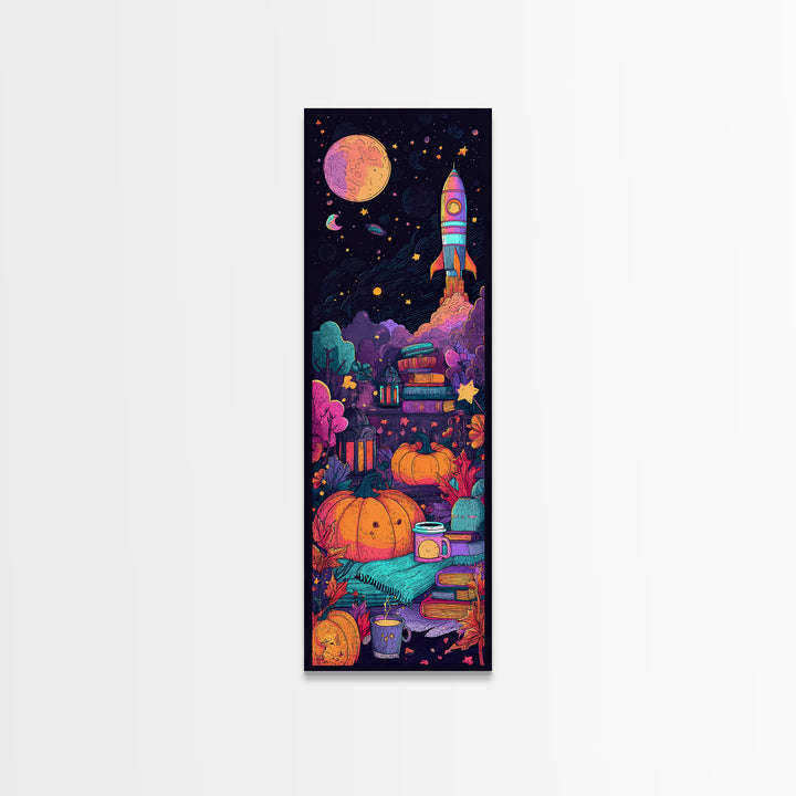 The Pumpkin Rocket Ship, 80s Halloween Wall Art, Tall Narrow Wall Art, Framed Canvas Print, Retro Halloween Decor, Neon Wall Art