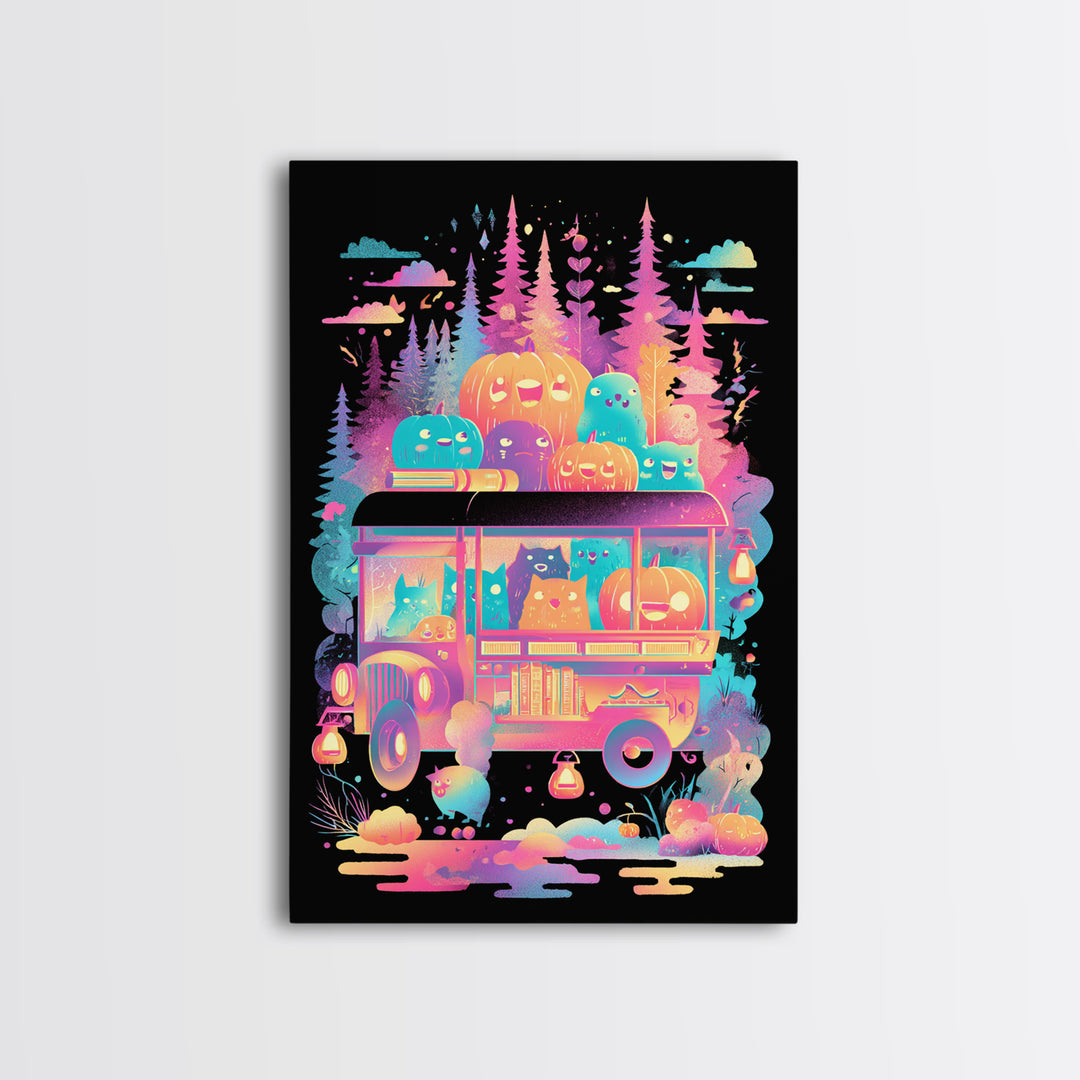 The Pumpkin Bookmobile, Synthwave Halloween Art, Vertical Wall Art, Framed Canvas Print, Retro Halloween Decor, Neon Wall Art