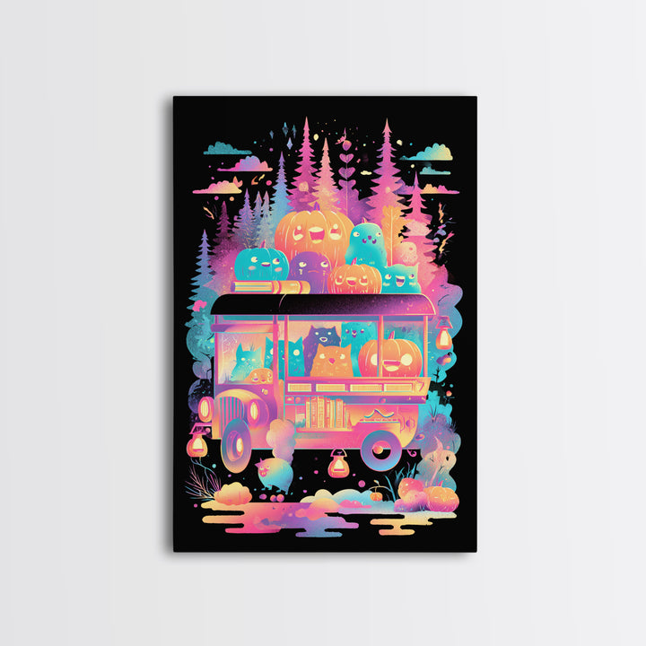 The Pumpkin Bookmobile, Synthwave Halloween Art, Vertical Wall Art, Framed Canvas Print, Retro Halloween Decor, Neon Wall Art