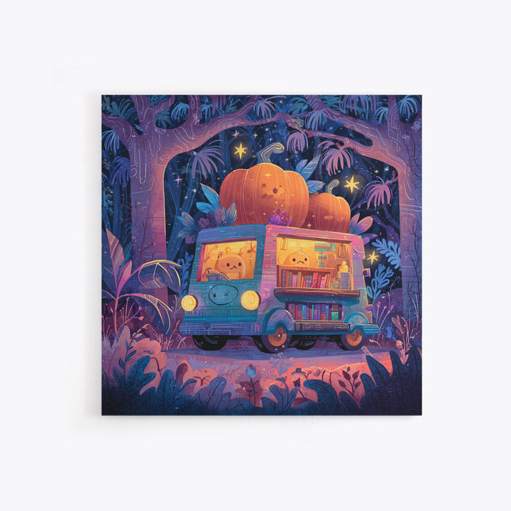 The Pumpkin Bookmobile, Synthwave Halloween Art, Square Wall Art, Framed Canvas Print, Retro Halloween Decor, Neon Wall Art
