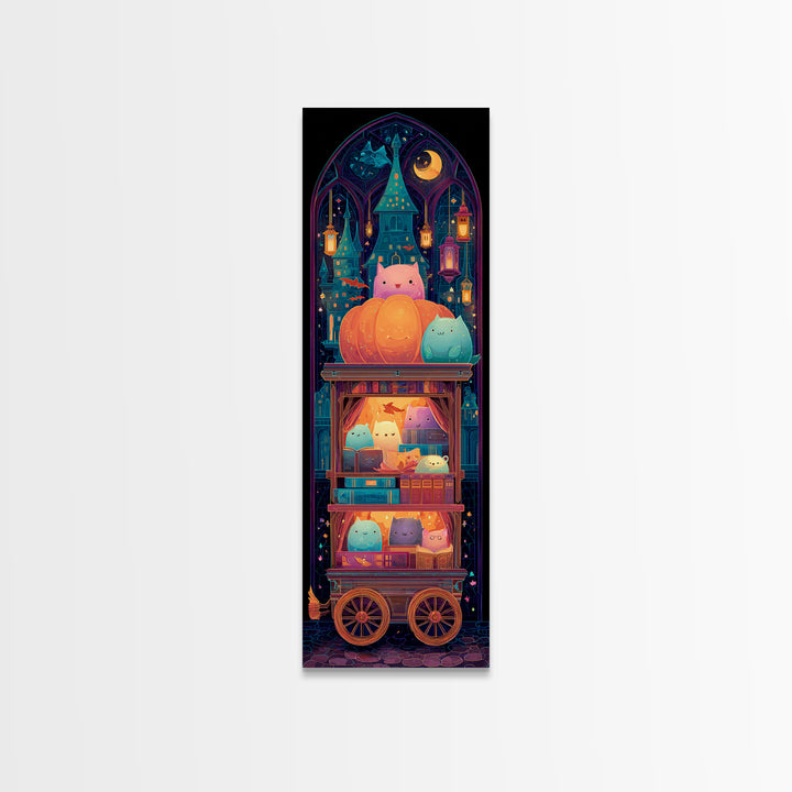 The Pumpkin Bookmobile, Retro Neon Halloween Art, Tall Narrow Wall Art, Canvas Print, Retro Halloween Decor, Neon Wall Art, Dark Fantasy Art