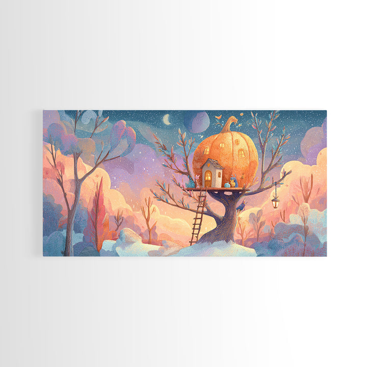 The Pumpkin Treehouse, Cute Spooky Neon Art, Wide Panoramic Art, Framed Canvas Print, Retro Halloween Decor, Neon Wall Art