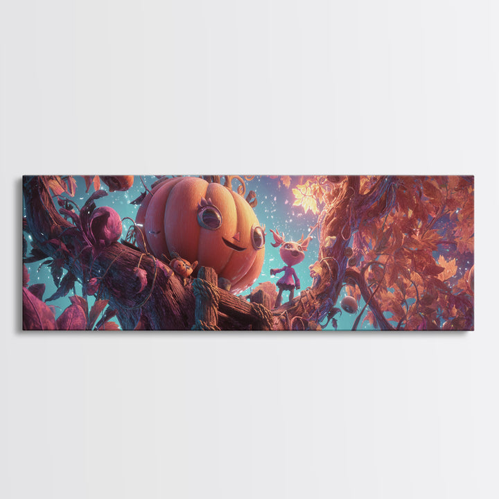 The Pumpkin Treehouse, Vaporwave Halloween Decor, Extra Wide Wall Art, Canvas Print, Retro Halloween Decor, Neon Wall Art
