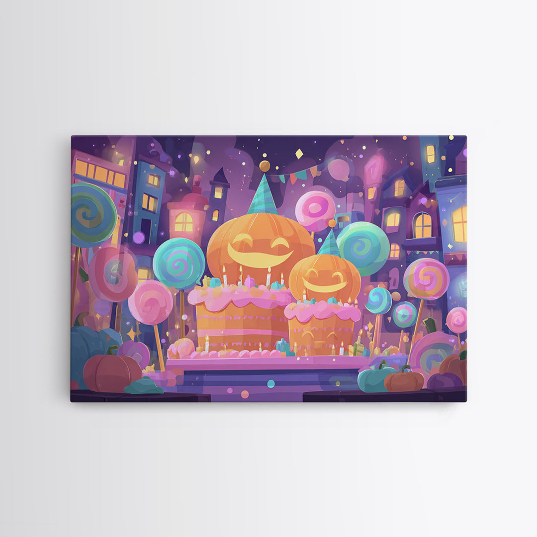 The Great Pumpkin Birthday Party, Cute Spooky Neon Art, Landscape Wall Art, Canvas Print, Retro Halloween Decor, Neon Wall Art