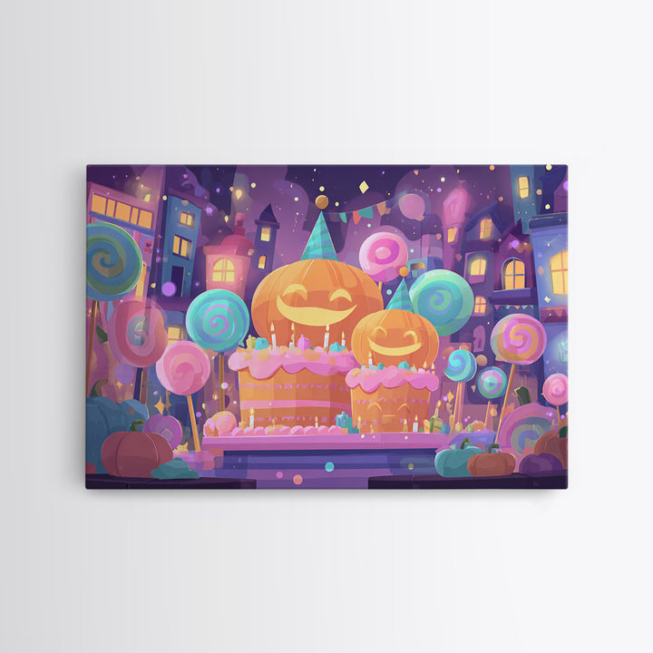 The Great Pumpkin Birthday Party, Cute Spooky Neon Art, Landscape Wall Art, Canvas Print, Retro Halloween Decor, Neon Wall Art