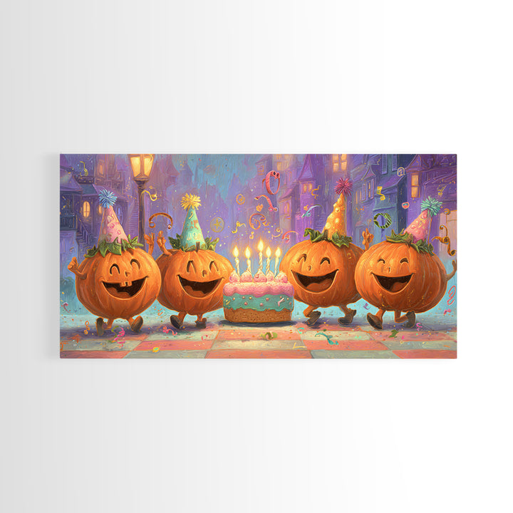 The Great Pumpkin Birthday Party, 80s Halloween Wall Art, Wide Panoramic Art, Framed Canvas Print, Retro Halloween Decor, Neon Wall Art