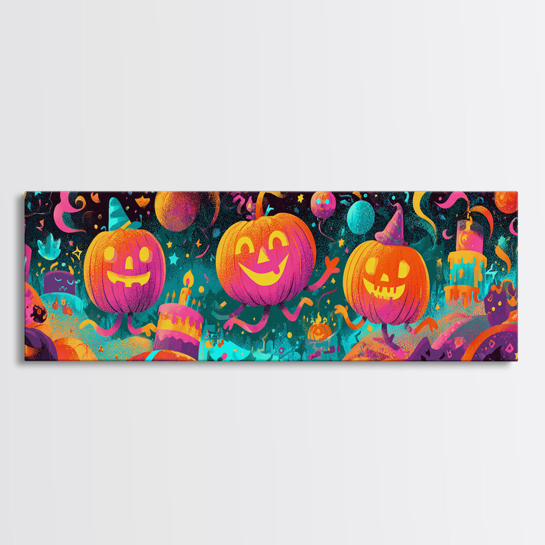 The Great Pumpkin Birthday Party, 80s Halloween Wall Art, Extra Wide Wall Art, Canvas Print, Retro Halloween Decor, Neon Wall Art