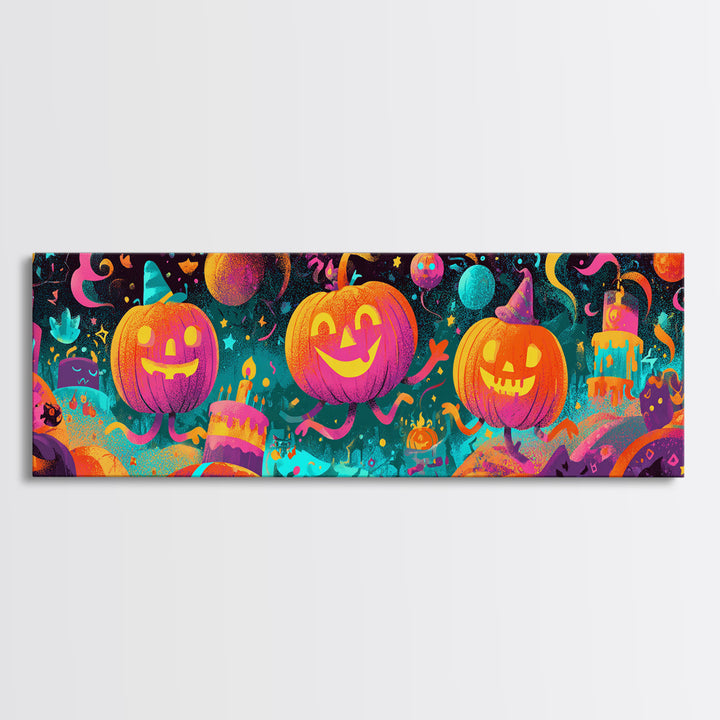 The Great Pumpkin Birthday Party, 80s Halloween Wall Art, Extra Wide Wall Art, Canvas Print, Retro Halloween Decor, Neon Wall Art