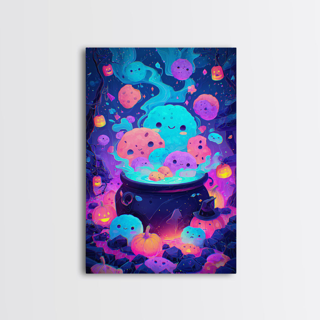The Cookie Cauldron, Synthwave Halloween Art, Vertical Wall Art, Framed Canvas Print, Retro Halloween Decor, Neon Wall Art, Horror Wall Art