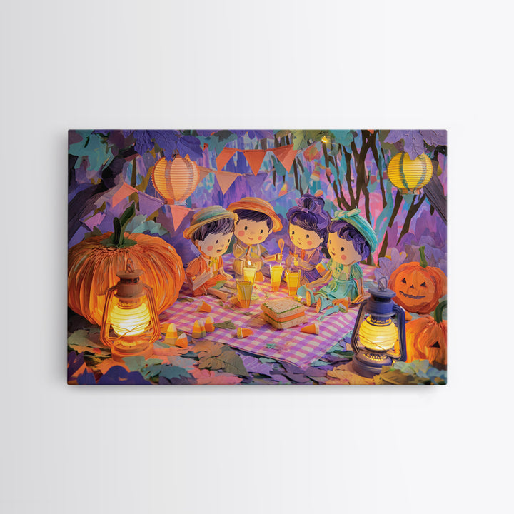 The Candy Corn Picnic, Cute Spooky Neon Art, Landscape Wall Art, Canvas Print, Retro Halloween Decor, Neon Wall Art, Collectible Wall Decor