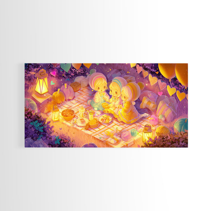 The Candy Corn Picnic, Synthwave Halloween Art, Wide Panoramic Art, Framed Canvas Print, Retro Halloween Decor, Neon Wall Art