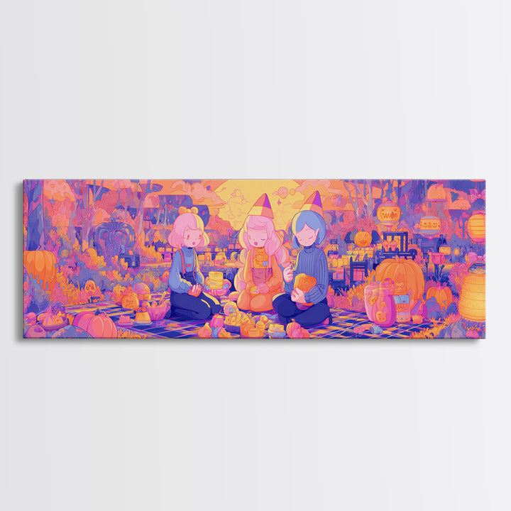The Candy Corn Picnic, Cute Spooky Neon Art, Extra Wide Wall Art, Canvas Print, Retro Halloween Decor, Neon Wall Art, Gothic Home Decor