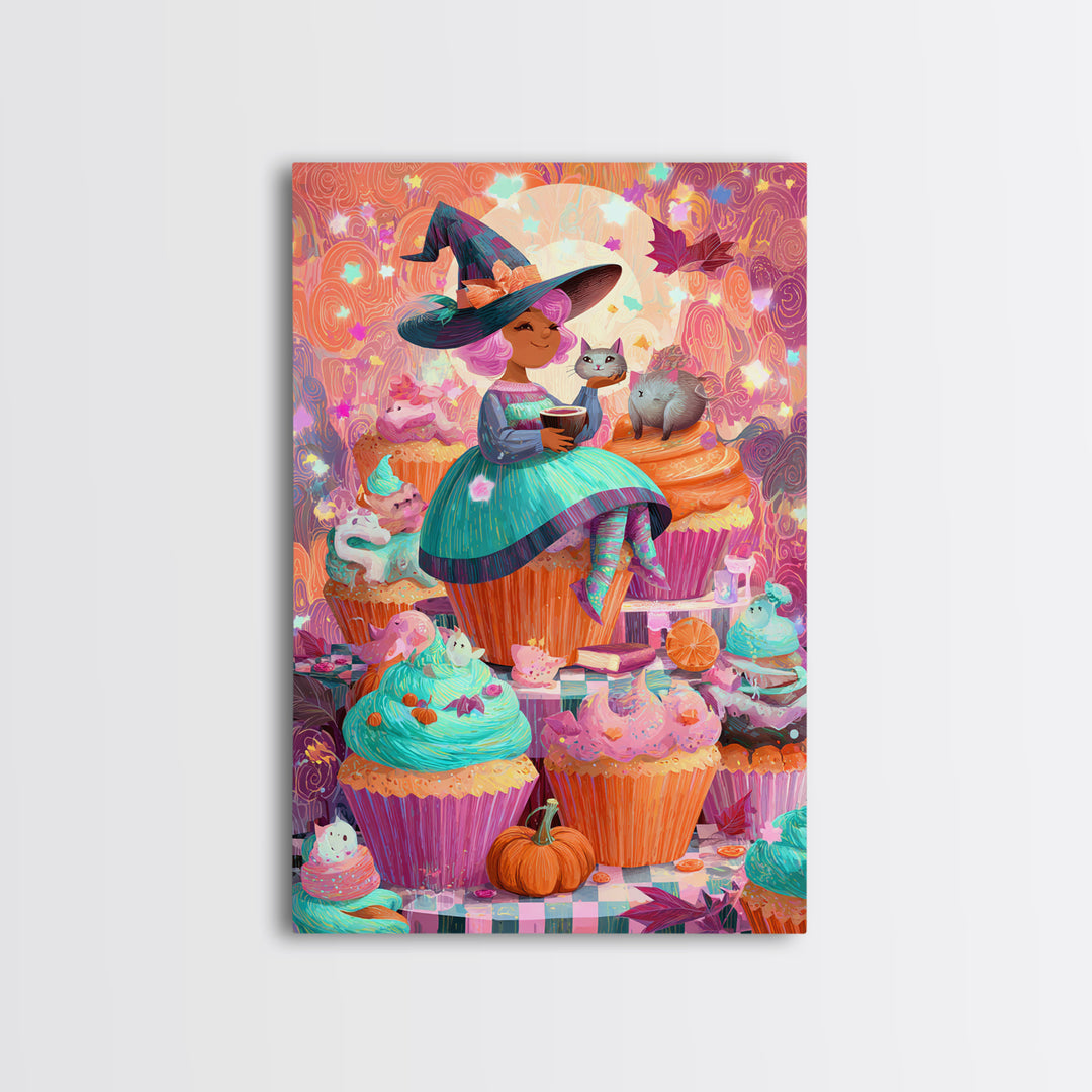 The Cupcake Costume Contest, Cute Spooky Neon Art, Vertical Wall Art, Canvas Print, Retro Halloween Decor, Neon Wall Art, Halloween Wall Art