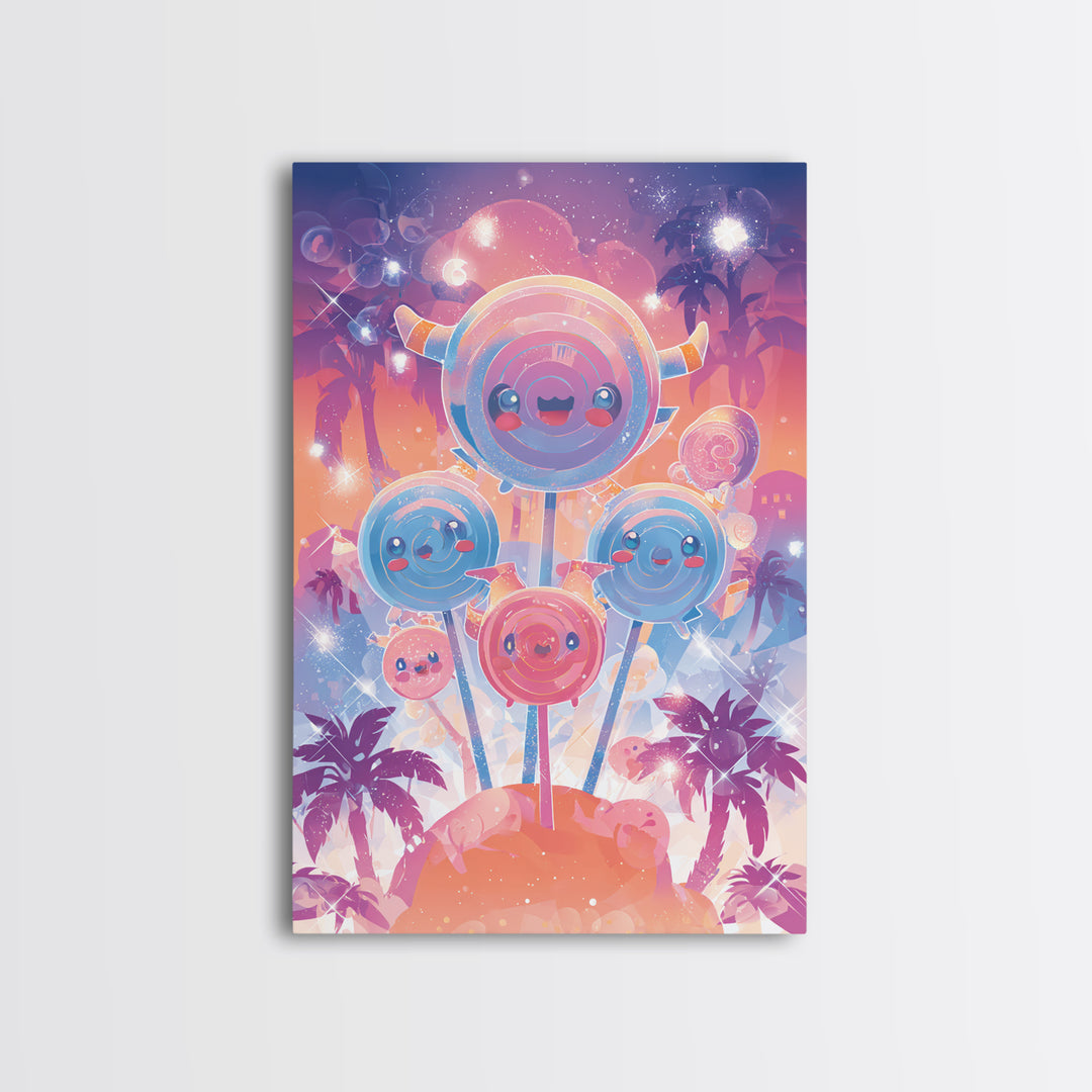 The Friendly Lollipop Monsters, Synthwave Halloween Art, Vertical Wall Art, Canvas Print, Retro Halloween Decor, Neon Wall Art